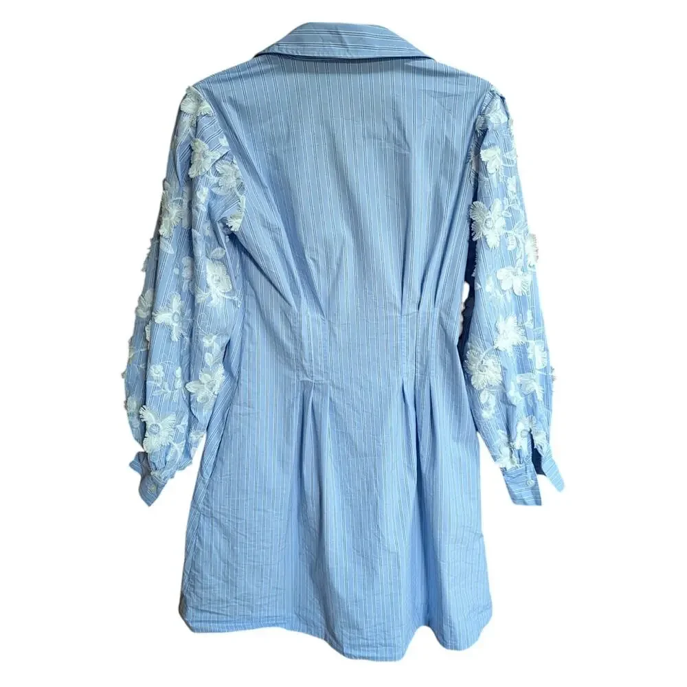Tuckernuck Corinne Blue Stripe Floral Sleeve Mini Shirt Dress NWT Small - Picture 4 of 6